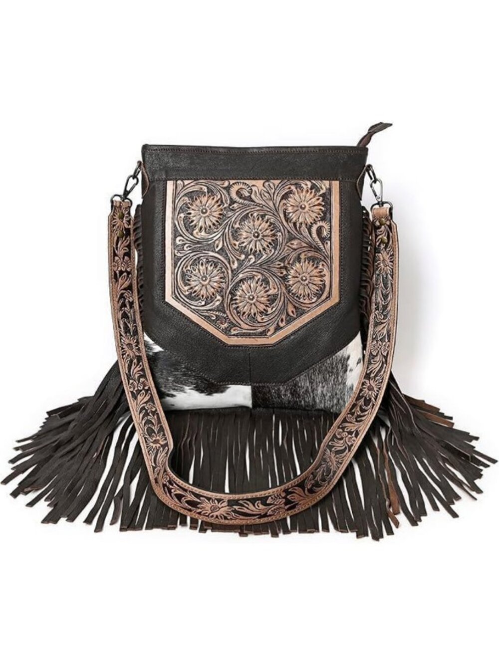 Hand-Carved Fringed Shoulder Bag | Natural Cowhide with Floral Tooling Design